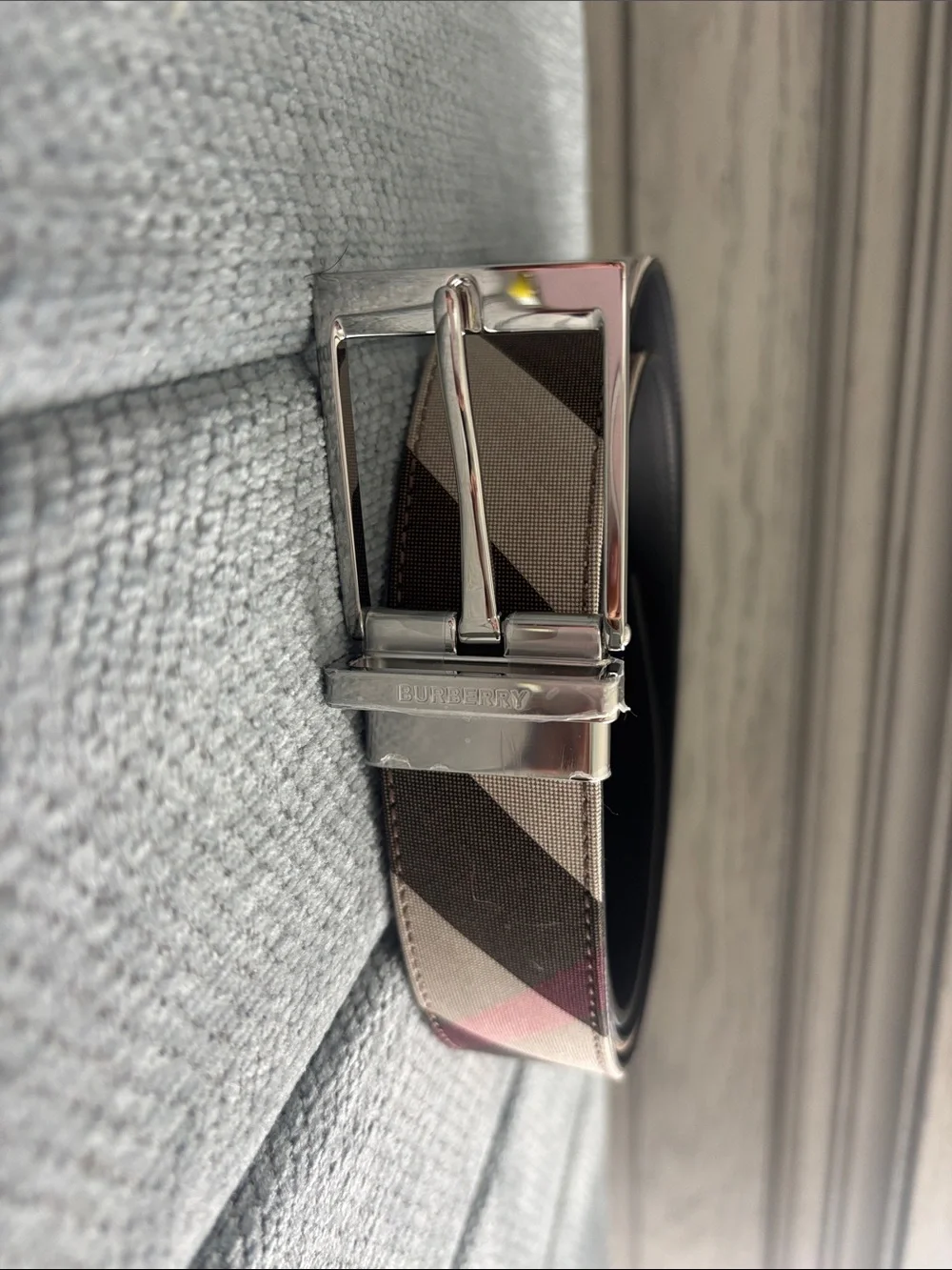 Burberry Men’s Check reversible Canvas Belt in Black and Brown Tones